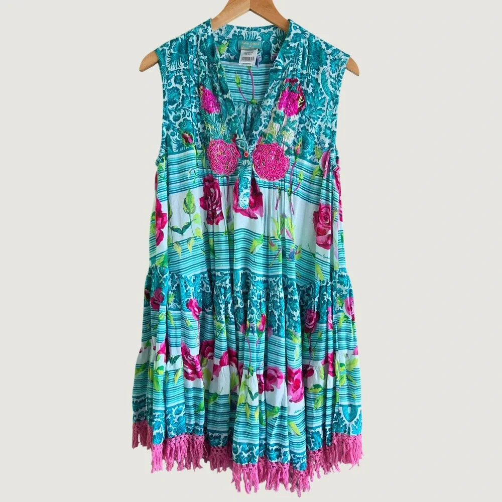 Antica Sartoria Giacomo Cinque Teal Pink Floral Sequin Fringe Mini Dress OS - Picture 2 of 11